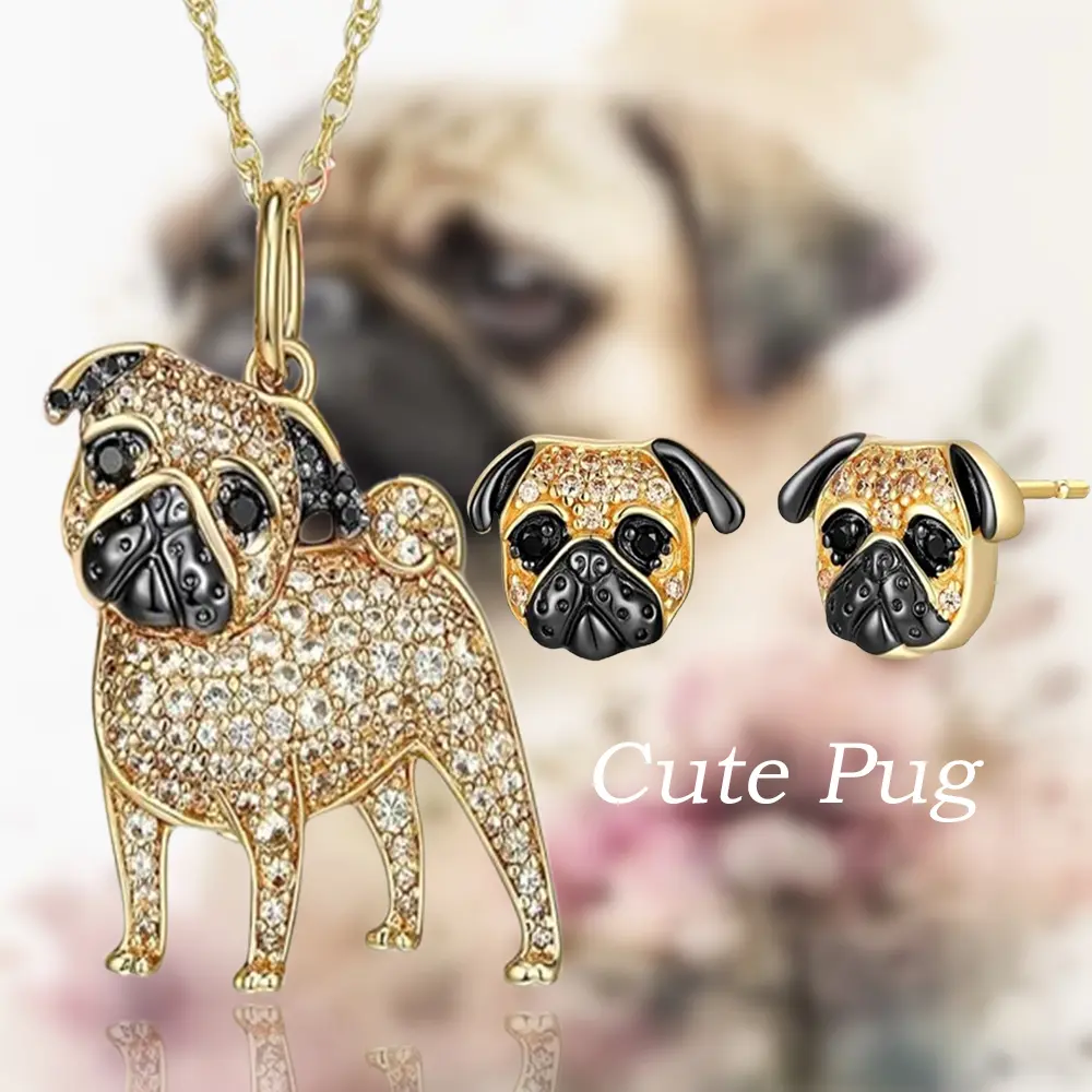 3 Pcs/Set Cute Pug Alloy Pendant Necklace Earrings Set, Creative Fashionable Jewelry Set Is Perfect Gift For Theme Parties, Music Festivals, Birthdays, Christmas Celebrations, Or Back-To-School Surprises
