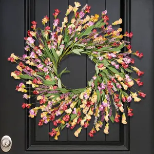 24" Not Withering Artificial Spring Wildflower Wreath for Front Door, Decor for Indoor Outdoor Window Wall Farmhouse Porch Easter Home Decor Red Orange Purple
