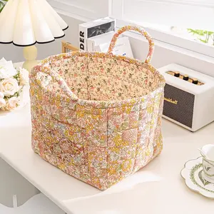 Floral Multi-Functional Foldable Storage Basket, Cotton Linen Woven Laundry Hamper, Large Capacity Machine Washable Storage Bin, Universal Organizer for Clothes, Toys & Blankets, Storage Bag for Bedroom, Bathroom, Living Room & Laundry Room