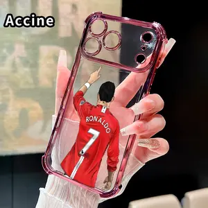 Electroplated Four Corner Anti-Fall Football Player Pattern Phone Case for iPhone 17 16 Pro Max 15 Plus 14 13 12 11 E Air Shockproof Transparent Protective Cover