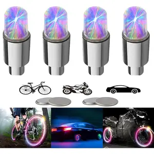 4 Pack LED Bike Wheel Lights Car Tire Valve Stems Caps Bicycle Motorcycle Waterproof Tire Spoke Flash Lights Cool Reflector Accessories for Kids Men Women with 10 Extra Batteries(Colorful)