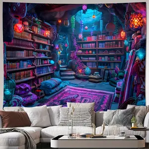 [1pc Enchanted Library Tapestry] Enchanted Library Tapestry, Geometric Pattern Woven Linen Wall Hanging, Fantasy Bookshelf Design, Versatile Home Decor for Living Room, Bedroom, Study with No Electricity Needed