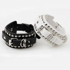 Black Leather Wristband Cuff Goth Punk Bracelet Spikes Rivet Stud Bangle for Women Men Unisex Cosplay Rock Jewelry