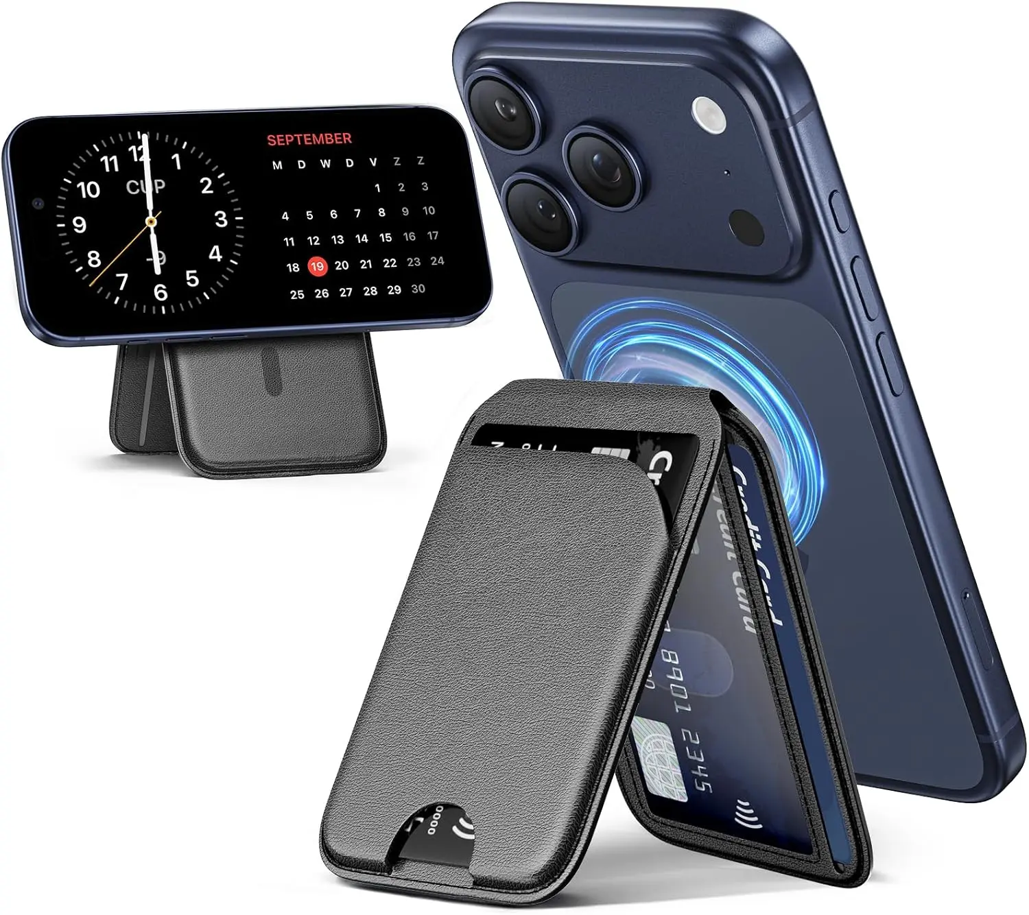 Mag-Safe Leather Mobile Wallet with Card Slots, Adjustable Hinge Stand, Transparent Window - Lightweight Magnetic Pouch for iPhone 17/16/15/14/13/12 Series (Excludes 13/12 Mini, Black)