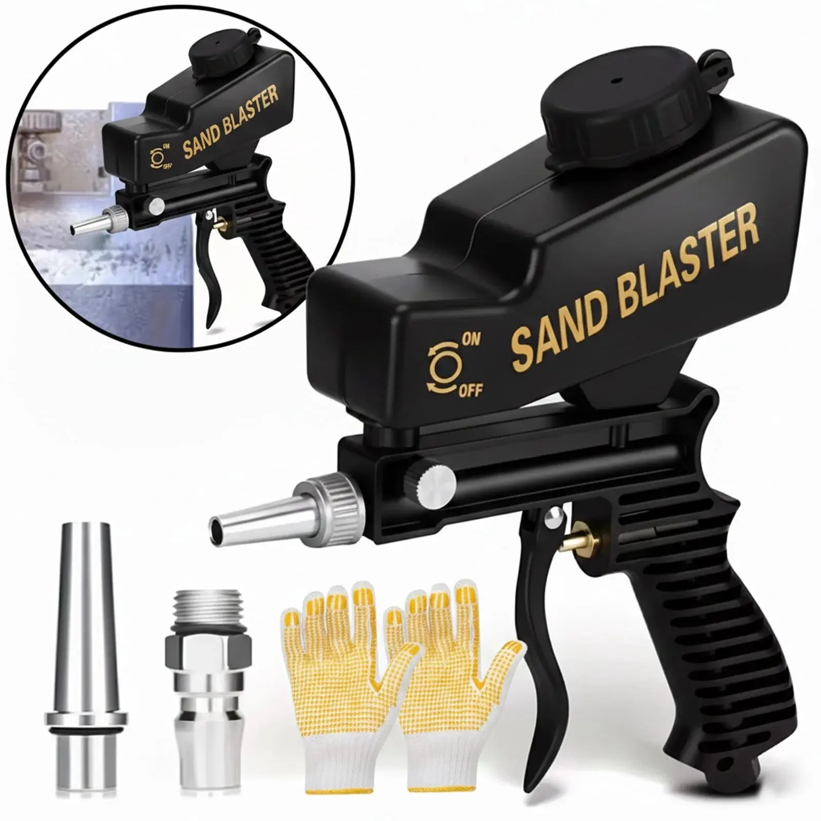 Compact Gravity Feed Sandblasting Gun, suitable for 70-150 PSI air compressors with a gravity hopper for blasting media. Durable body for metal/wood rust and paint stripping, glass etching, ideal for DIY refinishing and auto repair.
