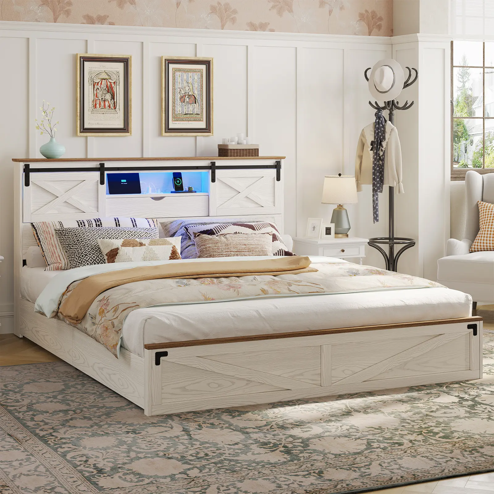Hasuit Farmhouse Bed Frame California King Size with Storage Bookcase Headboard, Wooden Cal King Bed with LED Lights, Charging Station, 2 Drawers, Country Rustic Bed Frame with Sliding Barn Door,dorm essentials,home decor
