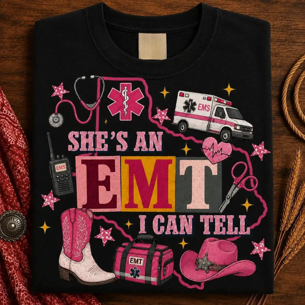 Women's Cotton Fabric EMT Print Top - Flattering Fit, Western Spouse Gift for Paramedic Firefighter Wives, Prints
