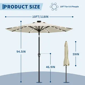 10FT Solar Patio Umbrella with 32 LED Lights – Outdoor Market Table Parasol, Crank Lift, Push Button Tilt, 8 Sturdy Ribs & UV Protection – Ideal for Patio, Pool, Deck, Yard & Garden
