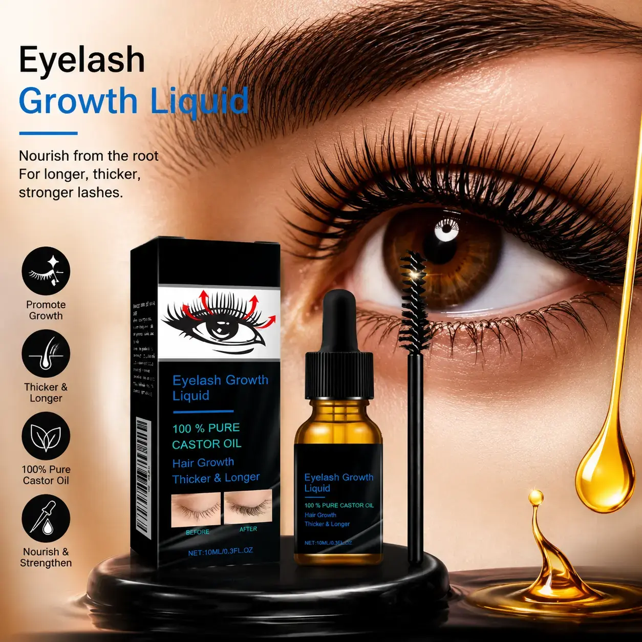 Natural Castor Oil Lash & Brow Conditioner - 10ml Mild Formula, Gentle Nourishment, Precision Brush Applicator for Daily Maintenance