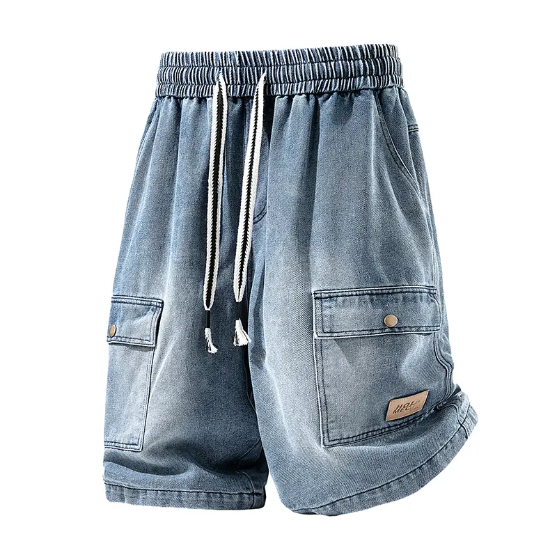 Men's Minimalist Vintage Washed Denim Cargo Shorts - Elastic Waist, Braided Drawcord, Snap Flap Patch Pockets, Leather Label, Baggy Breathable Straight Wide Leg Casual Jorts, Workwear for Summer Daily Outfits, Foldable Cotton Short Leg #SummerWins, Chic,,
