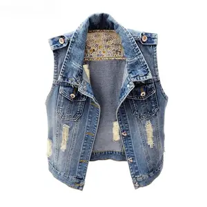 S-6XL Spring Summer Vintage Denim Vest Jacket Women Short Outerwear Slim Sleeveless Hole Cowboy Waistcoats Female Casual Tops Fitted Womenswear