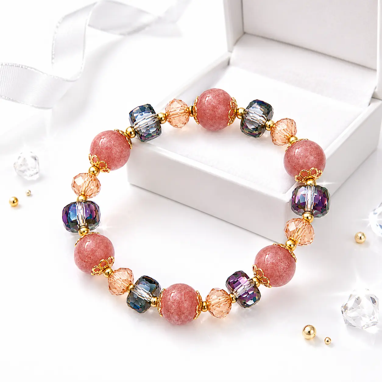 Natural Pink Crystal Beaded Bracelet for Women, Elegant Gemstone Stretch Bracelet with Colorful Crystal Beads and Gold Tone Accents, Romantic Fashion Jewelry Gift for Birthday, Valentine's Day, Mother's Day