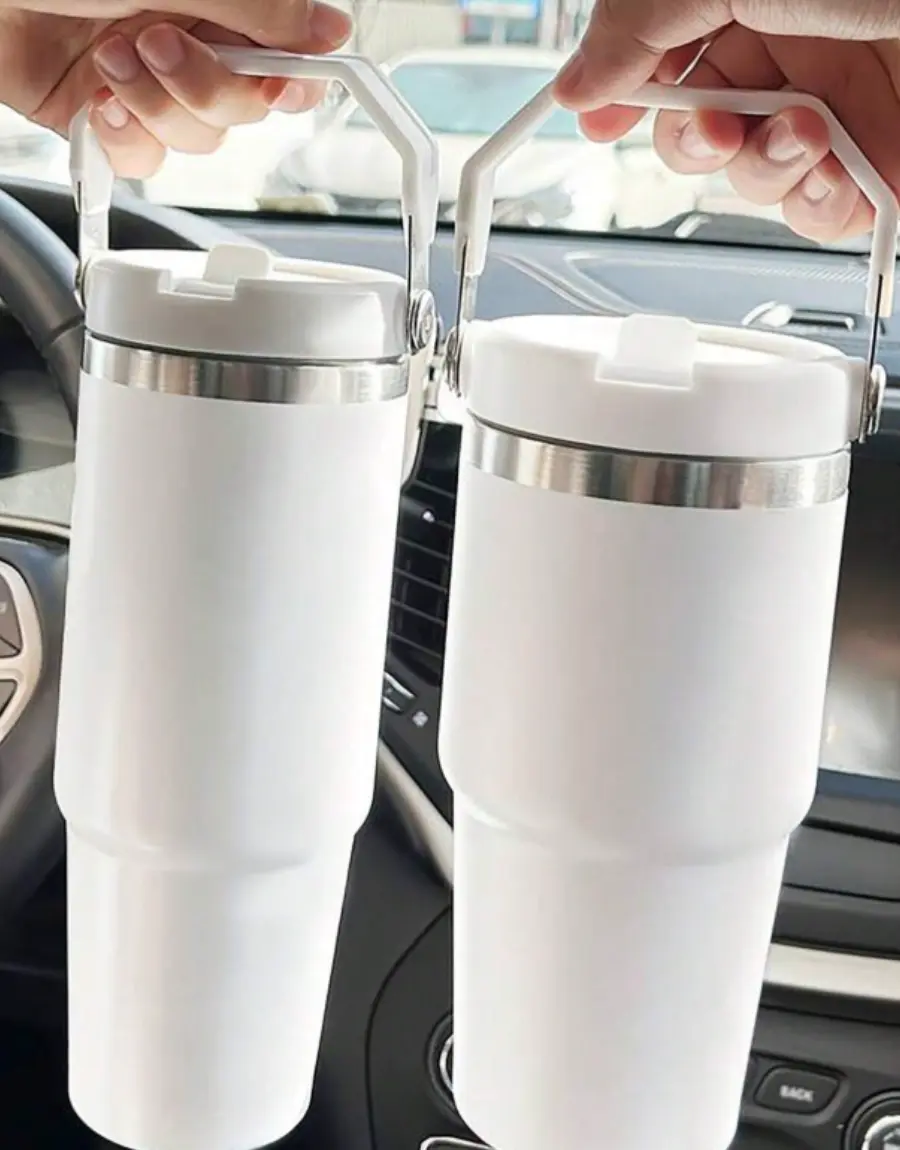Stainless Steel Insulated Water Bottle with Flip Straw Lid Handle Leakproof Travel Tumbler Fits Cup Holder