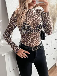 Women's High Neck Leopard Print Long Sleeve Top, Slim Fit Mesh Ruffle Hem Tight Shirt, Fashion New Nightclub Style Bar Party, Womenswear