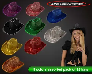 Light Up Flashing Neon EL Wire Sequin Cowboy Hats - 9 Colors Assorted Pack of 12 Hats
