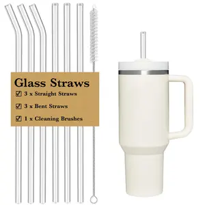 Reusable Straw for Stanley 40 oz 30 oz Cup Tumbler Replacement Stanley Straw 6 Pack Clear Glass Straw with Cleaning Brush Stanley Cup Accesspries