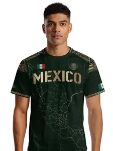 Mexico Soccer Jersey Heritage Map, Golden Aztec Details, Sporty Style, Fitted Long Sleeve, All Seasons Wear, H Type Silhouette, Sport Top, Jersey Shirt
