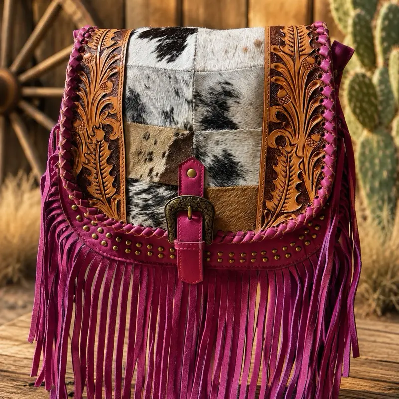 Dusty Rose Pink Fringe with Tan Tooled Leather