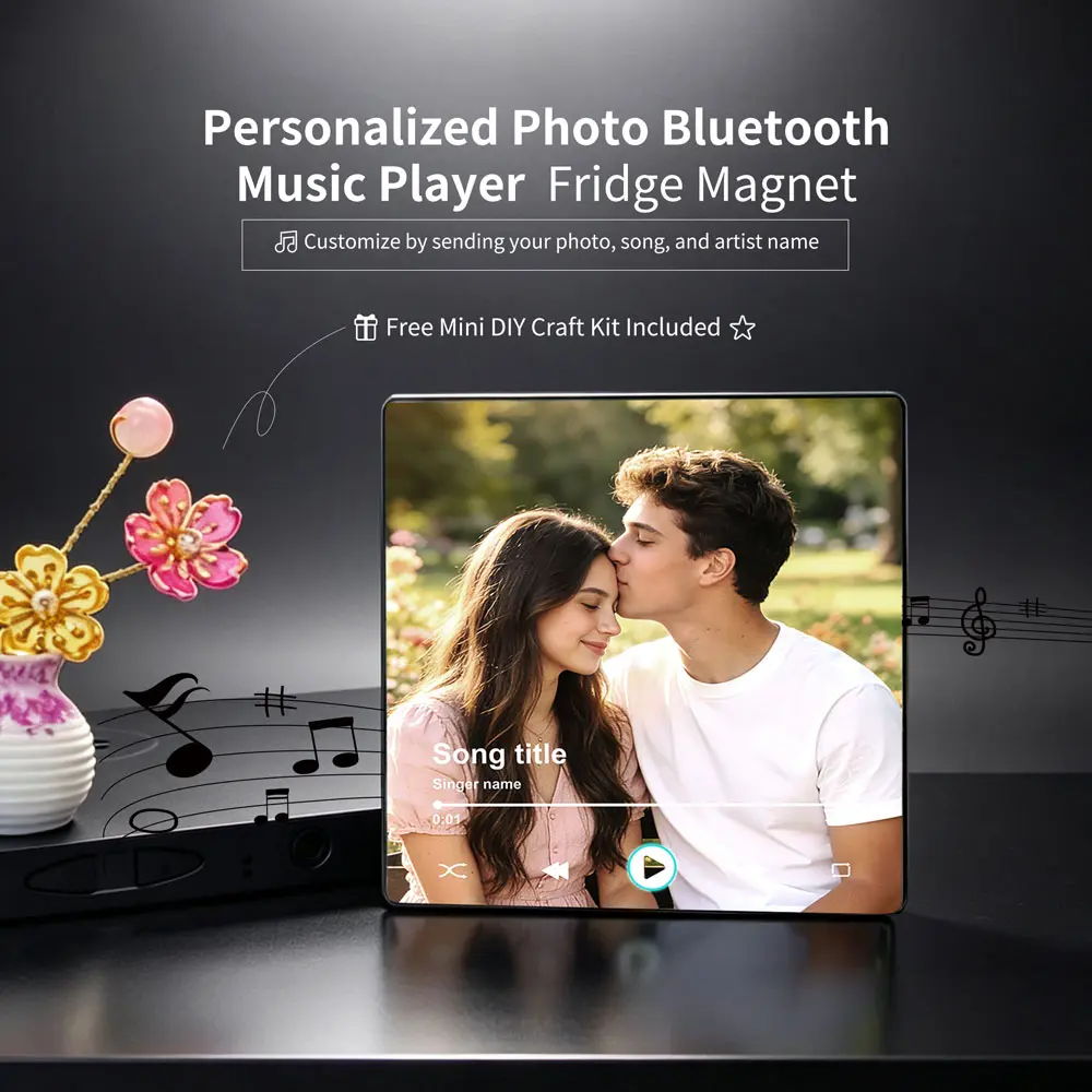 Custom Music Fridge Magnet 3.94in x 3.94in Personalized Photo Album Frame, Bluetooth Playable Music Player with Volume Adjustment, Custom Picture Memory Magnet for Couples, Birthday Gift, Valentine's Day Gift, Family Keepsake Decor