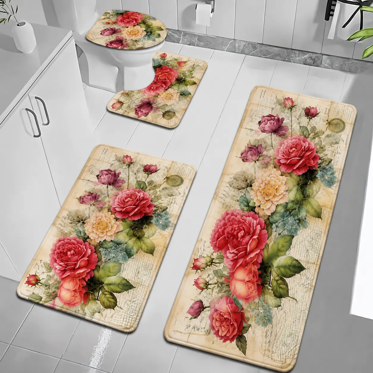 3/4 Pieces Vintage Pink Rose Floral Bathroom Rug Set, Shabby Chic Non Slip Bath Mat, Soft Absorbent Microfiber Bathroom Mats with Toilet Lid Cover for Bathroom, Shower, Tub