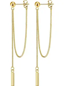 925 Sterling Silver Chain Studs Earrings for Women 14K Gold Plated Bar Drop Dangle Earrings with Chain Hypoallergenic Threader Stud Earring for Women Girls Jewellery