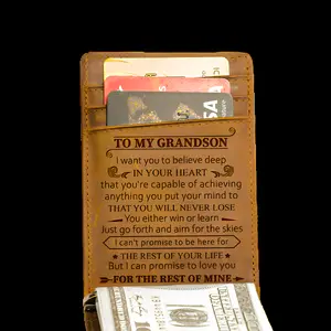 DUJO Gift for Grandson Men's Engraved Leather Wallet with RFID Bifold Card Holder, High-Quality Cowhide, Casual Design, and Multiple Utility Pockets