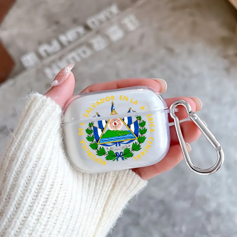 El Salvador Emblem Pattern TPU Soft Protective Case for Apple AirPods 4/3/2/1/Pro/Pro2 Transparent Earphone Cover with Keychain Attachment