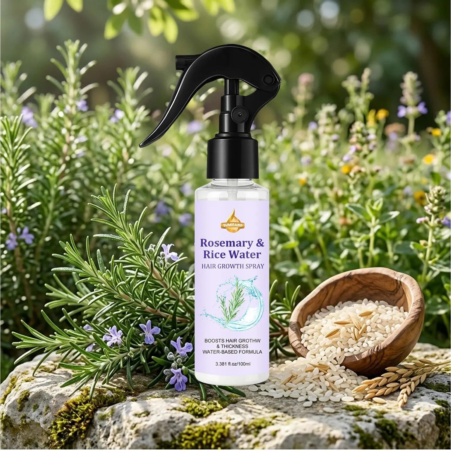 SUMIEANG Rosemary Rice Water Scalp Spray 100ml, Haircare Thickening Mist, Nourishing Hair Treatment, Rosemary stimulates follicles, rice water nourishes roots, promoting hair growth, Water-based formula, non-greasy, strengthening hair strands