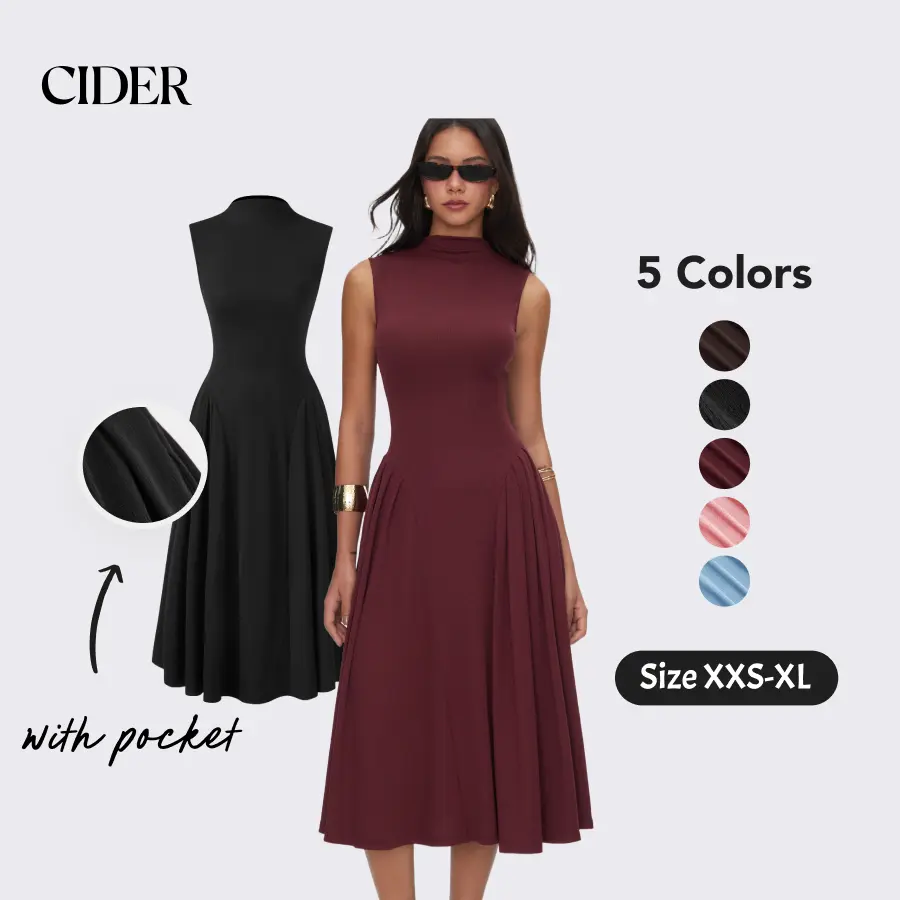 Cider High Neck Solid Ruffle Pocket Midi Dress - Fits Phone & Keys Womenswear Minimalist SohoChic