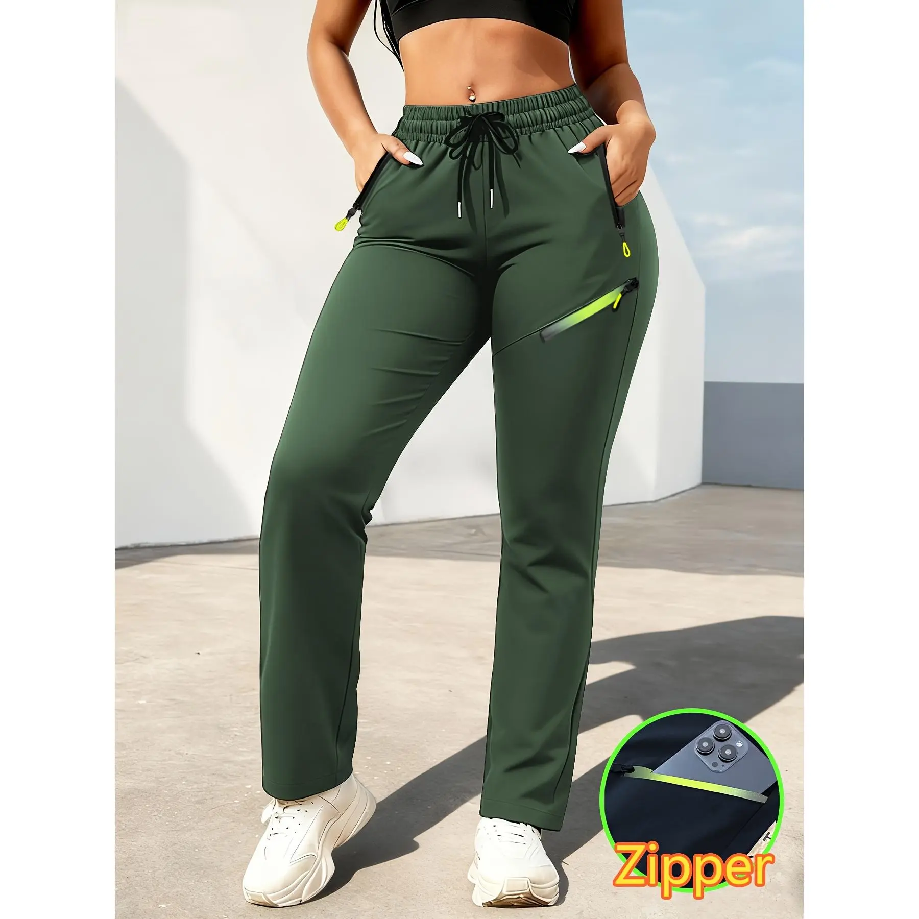 Women's Non-Stretch Elastic-Free Workout Pants, Solid Color Multi-Pocket Full Length Athletic Trousers for Gym Yoga Spring Summer Daily Casual Wear