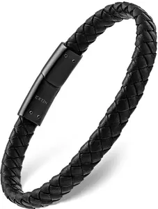 RTZN Thin Black Braided Leather Bracelet