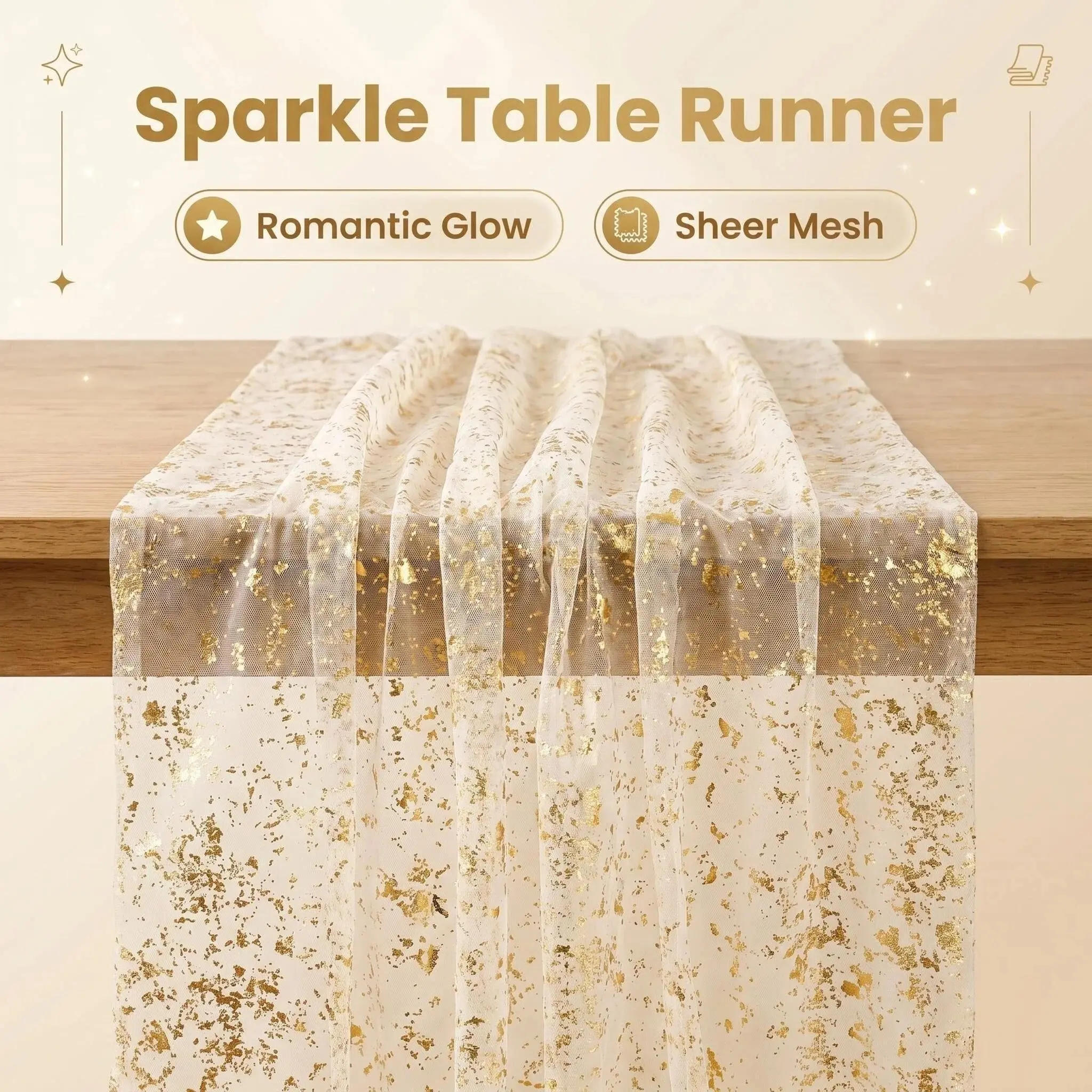 Gold Sequin Sheer Mesh Table Runner, Full Coverage Glitter Tablecloth for Wedding Banquet Party Event, Versatile Use, Romantic Glow, Luxury Gold Mesh Table Runner for Ideal Home Holiday Decor Centerpiece
