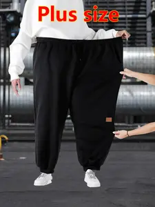 Super Plus Size Men's Loose Fit Sport Pants, Fleece Casual Long Pants, Fall Winter Essential Running Pants, Waist Drawstring Design, Fleece Sweatpants