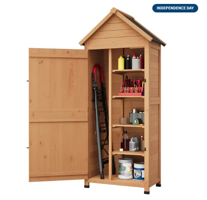 63'' Wood Shed Waterproof, Tall Vertical Outdoor Storage Cabinet with 4 Shelves & Lockable Door, Space-Saving Garden Tool Shed for Patio, Yard, Lawn, Garden