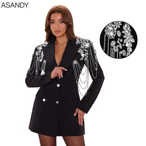 ASANDY Black Oversized Blazer Dress – Double-breasted party mini blazer dress for women, embellished with rhinestone crystals and tassel chains at the shoulders tiktokshopspringglowup