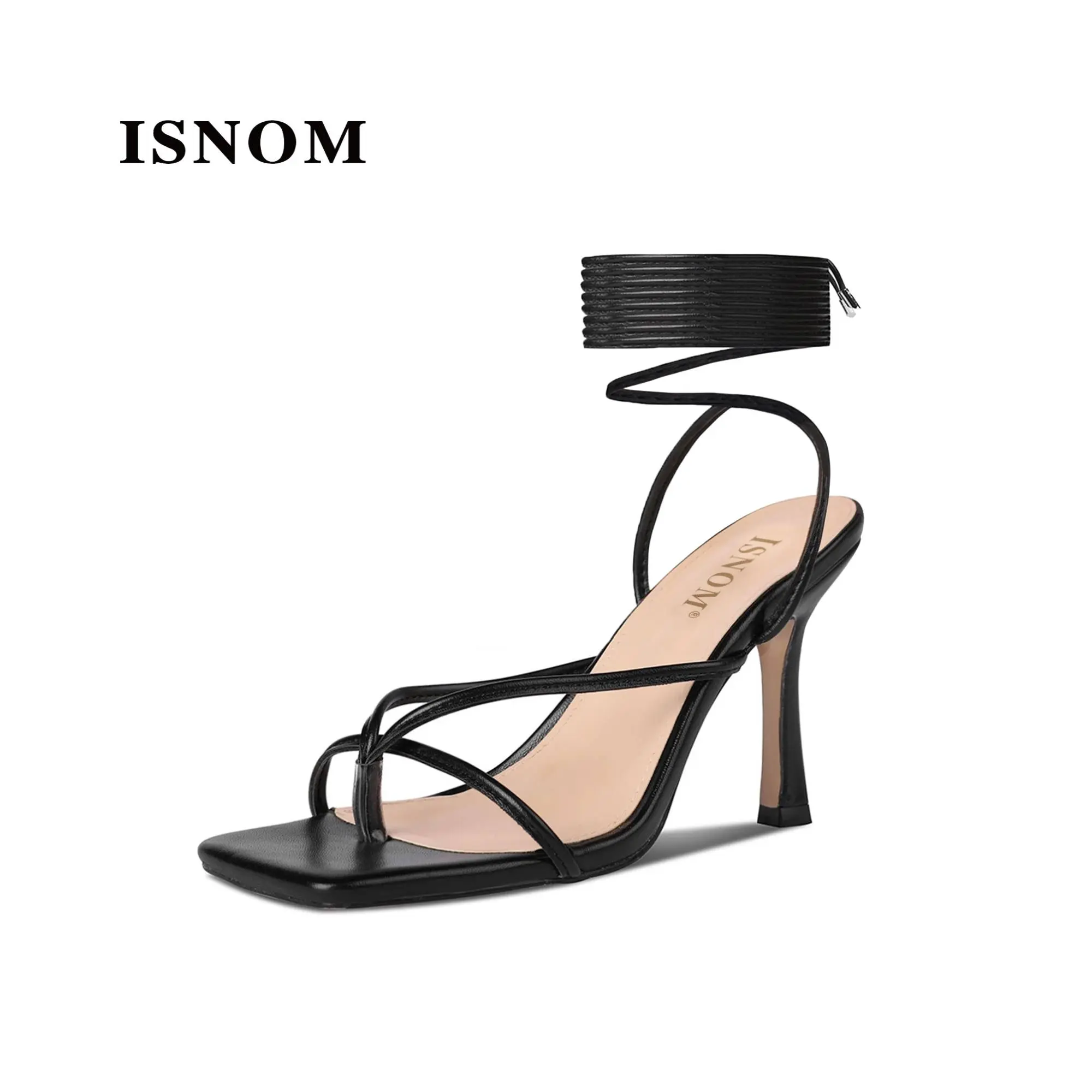 ISNOM Lace Up Heels Sandals for Women, Square Toe, Open Toe Thong, Stiletto Heels Design Footwear Leather #WeeklyDeals #DealsForYouDays #TikTokShopDealsforYouDays#Summerwins #outdoorfun