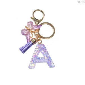 Women’s 2026 Trendy A-Z Letter Resin Keychain Accessory - Purple Butterfly Tassel Pendant, Fashion Bag Charm for Cute Aesthetic Daily Leisure & Indoor Recreation Decor