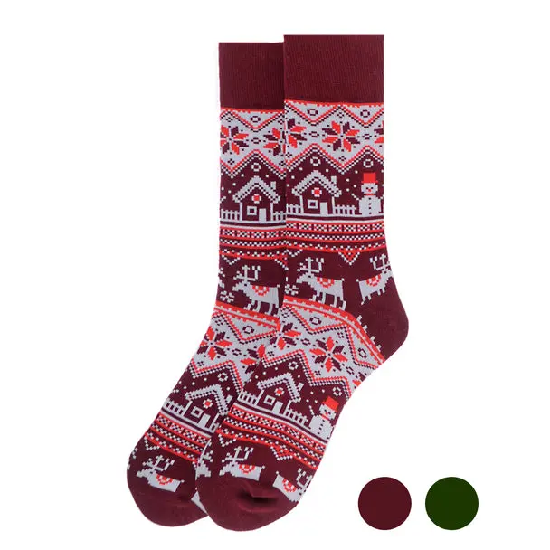 Men's Vintage Cotton Crew Socks - Size 10-13, Spandex Blend, Festive Graphic Winter Patterns, Comfortable Fit, Casual Holiday Menswear, Flexible Design