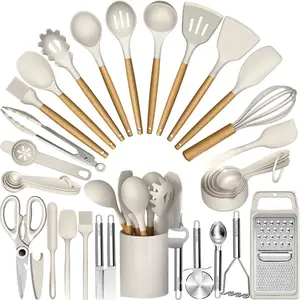 34PCS Silicone Kitchen Utensil Set, Heat-Resistant Gadgets with Wood Handles, Nonstick Cookware Tools, Includes Grater  Wooden Multicolor