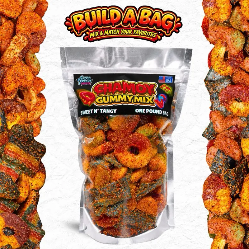 Build Your Chamoy Bag- 1 LB Bag- Astro Freeze Treats- Sweet & Tangy Chewy Snack- Fruity Tajin Chili Lime Seasoning