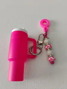 Beaded Straw Charms with a Chapstick Holder - Pink Charm and Accessory