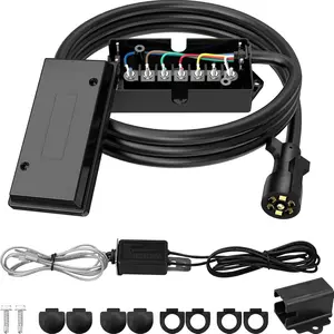 7 Way 8 Foot Trailer Cord with 7 Gang Junction Box Kit, Include 12V Breakaway Switch and Plug Holder, Trailer Connector Cable Wiring Harness with Waterproof Junction Box