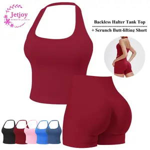 Jetjoy Workout Sets for Women 2 Piece, Workout Sets for Women 2 Piece Gym Outfits Seamless Longline Halter Backless Crop Top Scrunch Bum Shorts Tracksuit  Women's 2 Piece Workout Set Backless Halter Top & Scrunch Butt Lift Shorts Seamless Sporty Clothes S