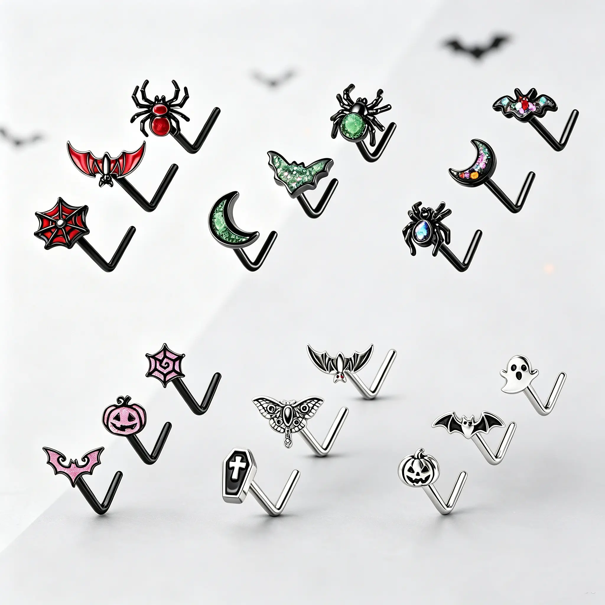 OUFER Halloween Vibe 20G 3PCS L-Shaped Nose Studs - Piercing Jewelry, Stainless Steel Nose Stud, Body Jewelry for Spooky Season