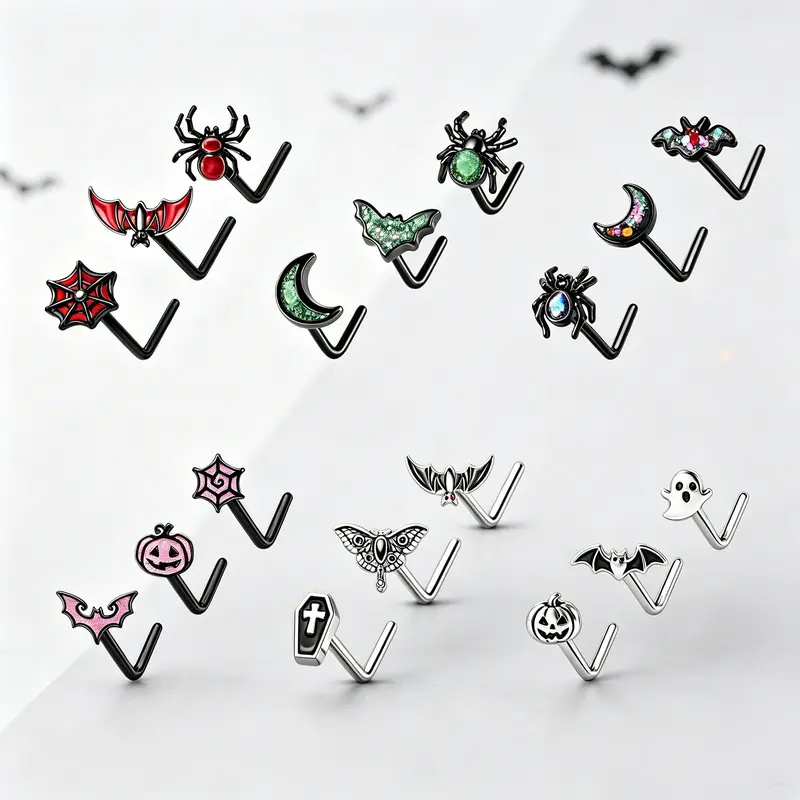 OUFER 20G 3PCS L-Shaped Stainless Steel Nose Studs - Women's Body Piercings Set, Scary Halloween Creepy Animals Nasallang Jewelry, Nose Earring Accessories for Women Unique Gifts