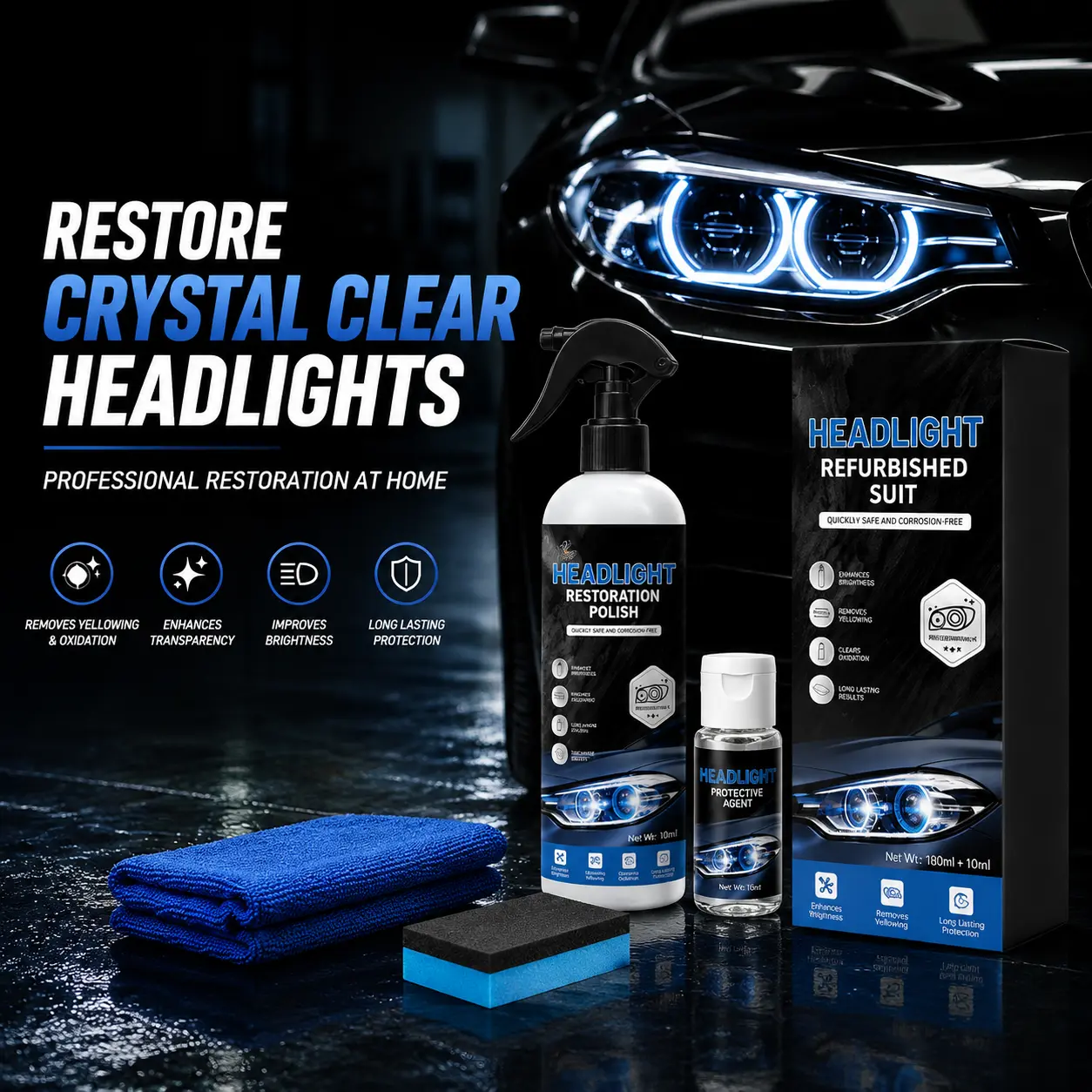 Headlight Restoration Kit 180 ml + 10 ml coating — removes yellowing and oxidation — restores crystal-clear headlights — fast headlight cleaner kit for all vehicles