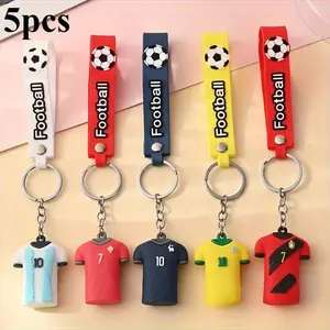 5pcs Soccer Team Jersey Keychain Set, Durable Silicone Sports Collectibles, Vibrant Team Colors, Numbered Designs, Car Key Accessories