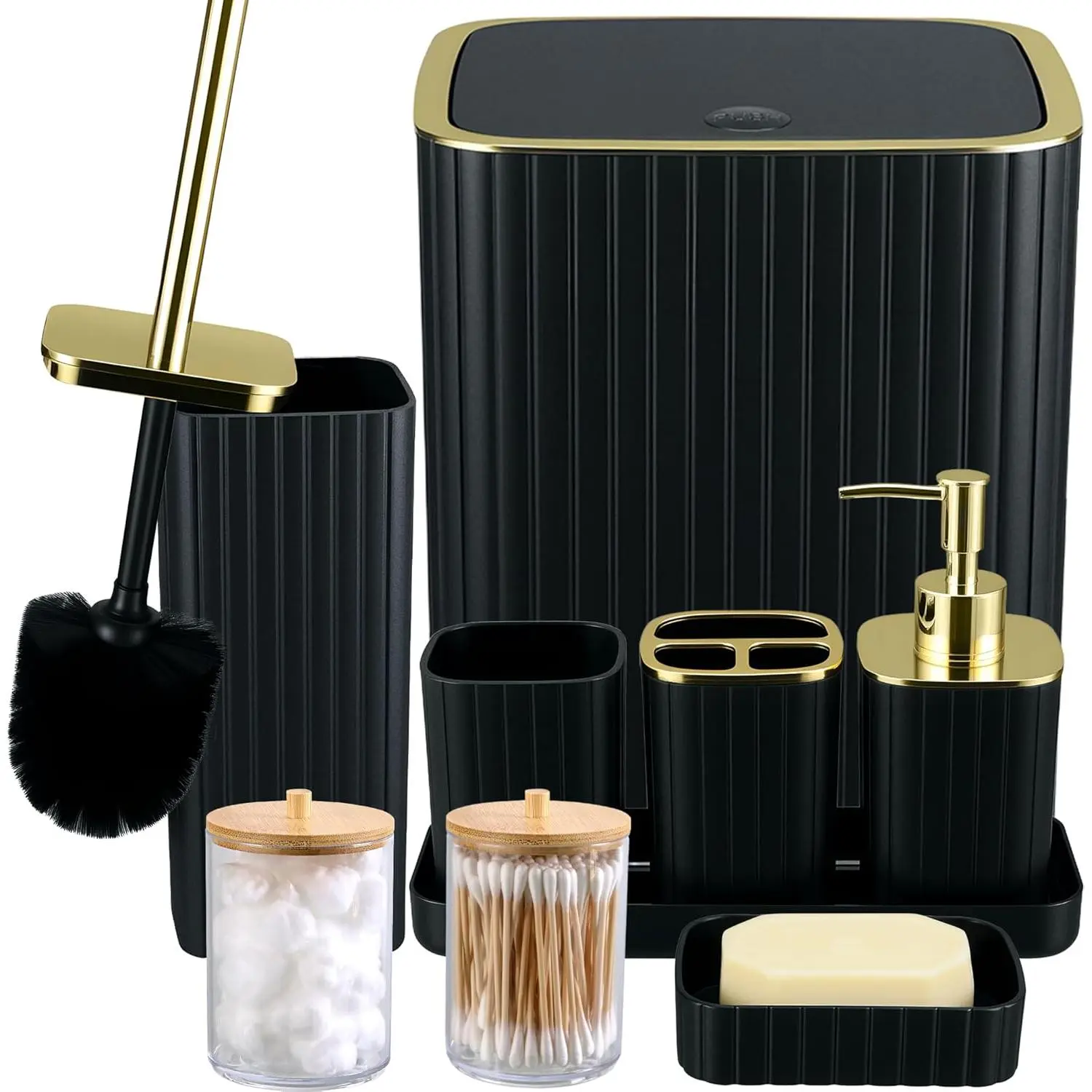 Bathroom Accessory Set - 9-piece set, including toilet brush, trash can, soap dispenser, cotton swab holder |   Modern Home Bathroom Essentials (Black, Bathroom Set)