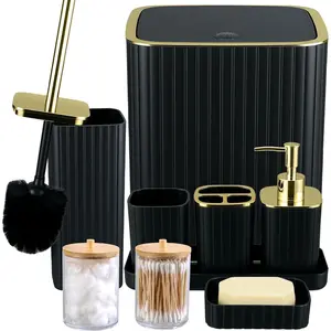 Bathroom Accessory Set - 9-piece set, including toilet brush, trash can, soap dispenser, cotton swab holder |   Modern Home Bathroom Essentials (Black, Bathroom Set)