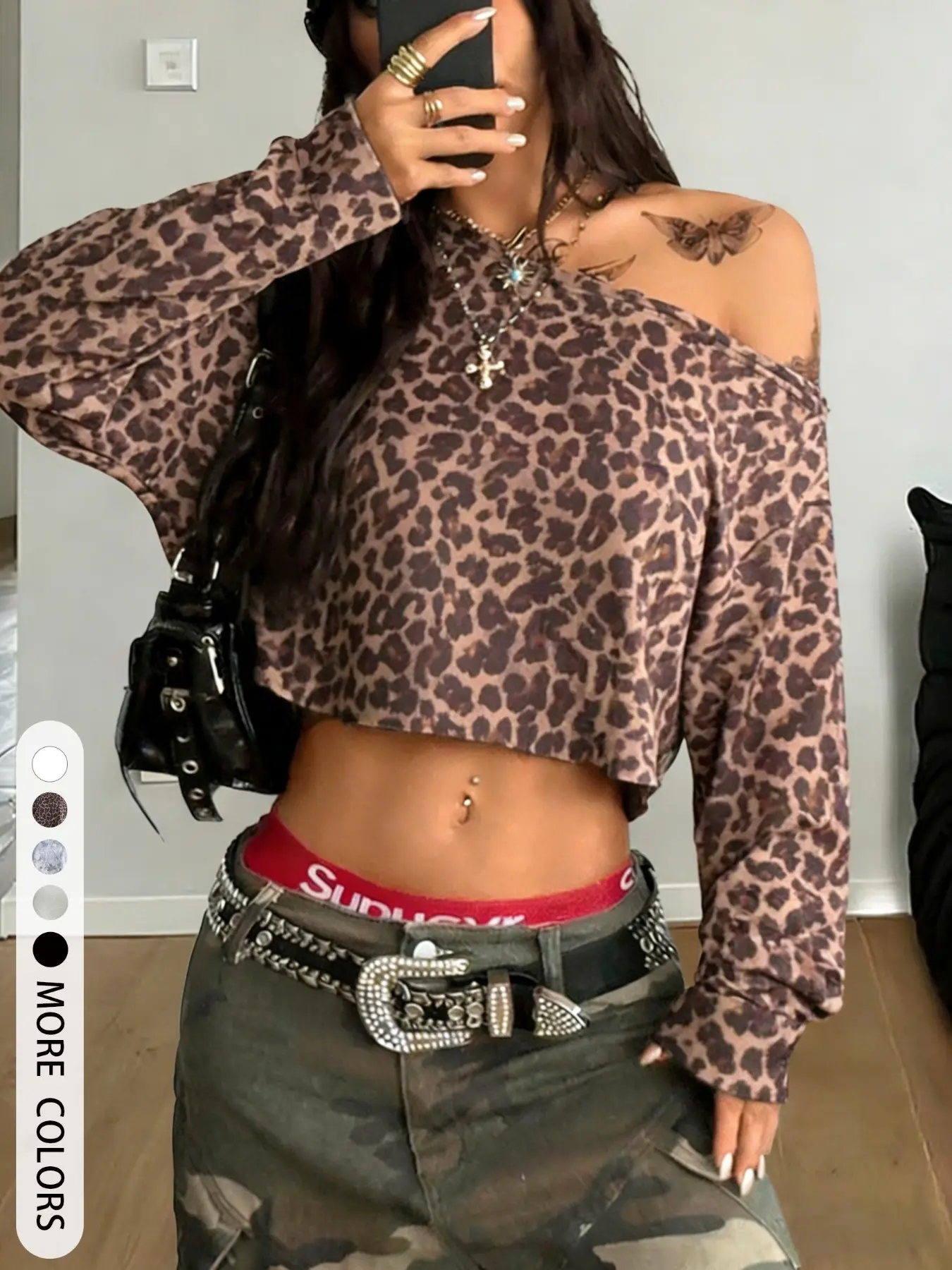 Women's Loose Fit Asymmetrical Shoulder Long Sleeve Top, Casual Trendy Shirt, Tree Leopard Print, Comfortable Soft Fabric, Spring & Fall Fashion, Womenswear